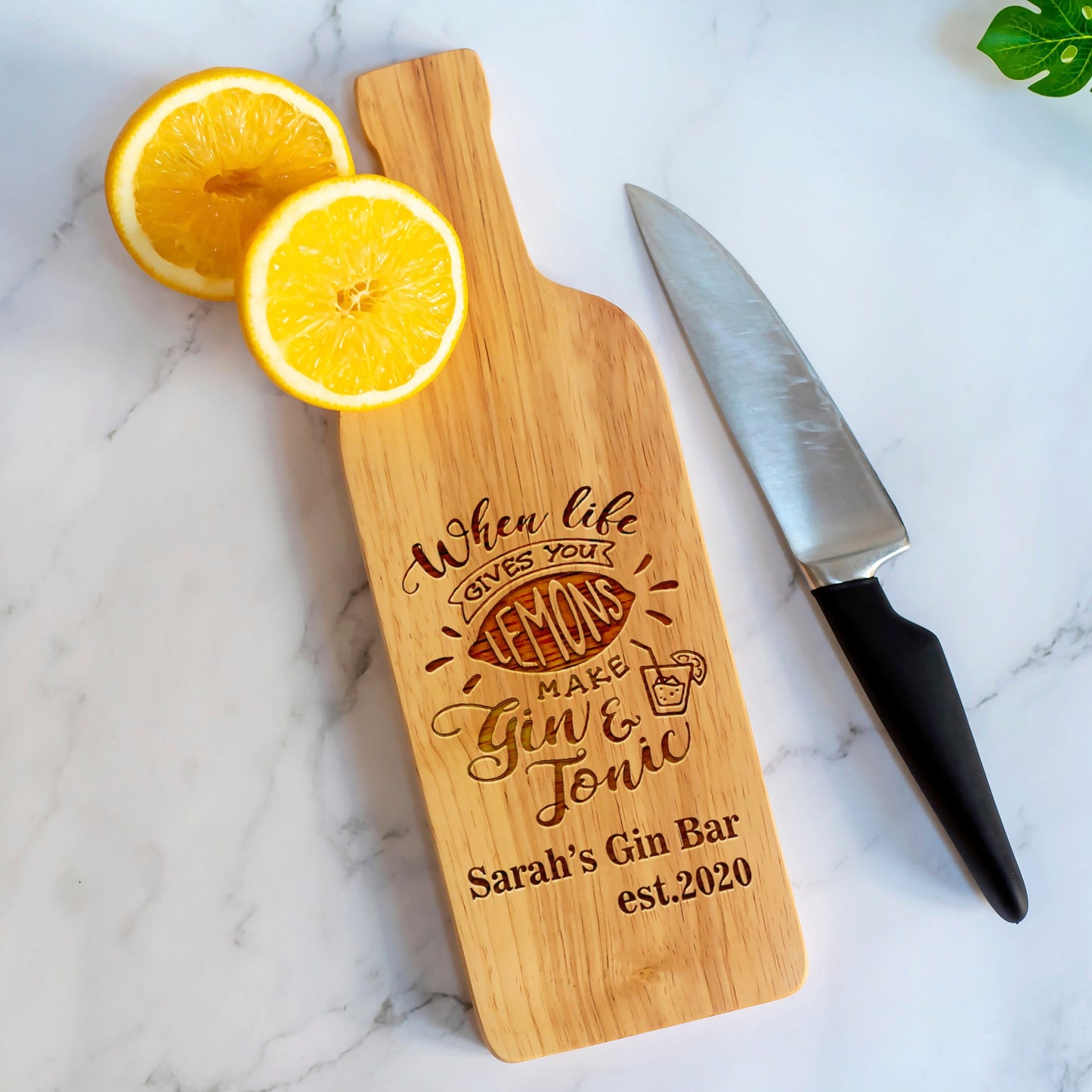 Personalised Name - Est Date , Life Gives you Lemons Make Gin & Tonic - Bottle Chopping Board Gift